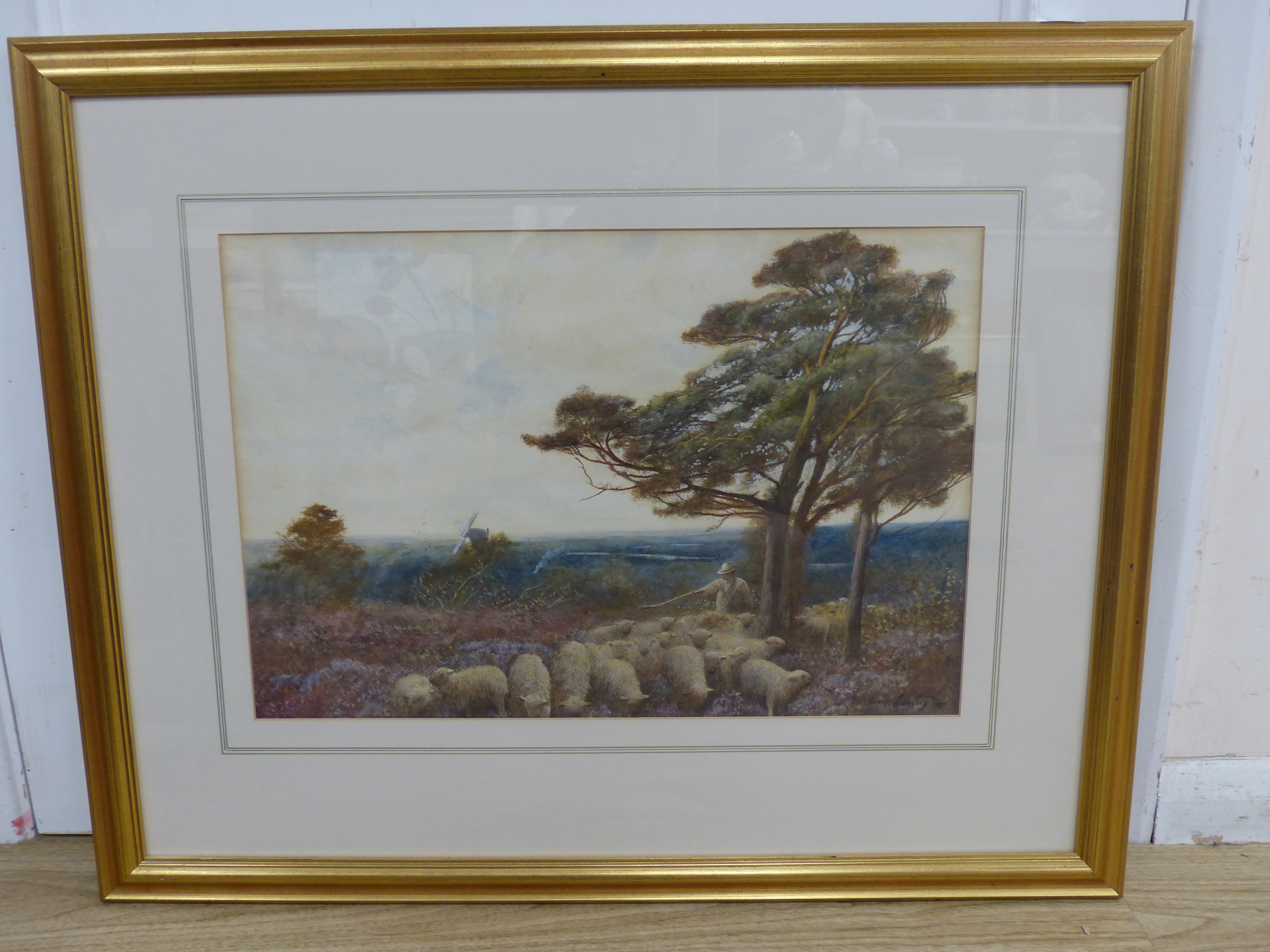 William Langley (1852-1922), watercolour, Landscape with shepherd and sheep, signed and dated, 54 x 37cm